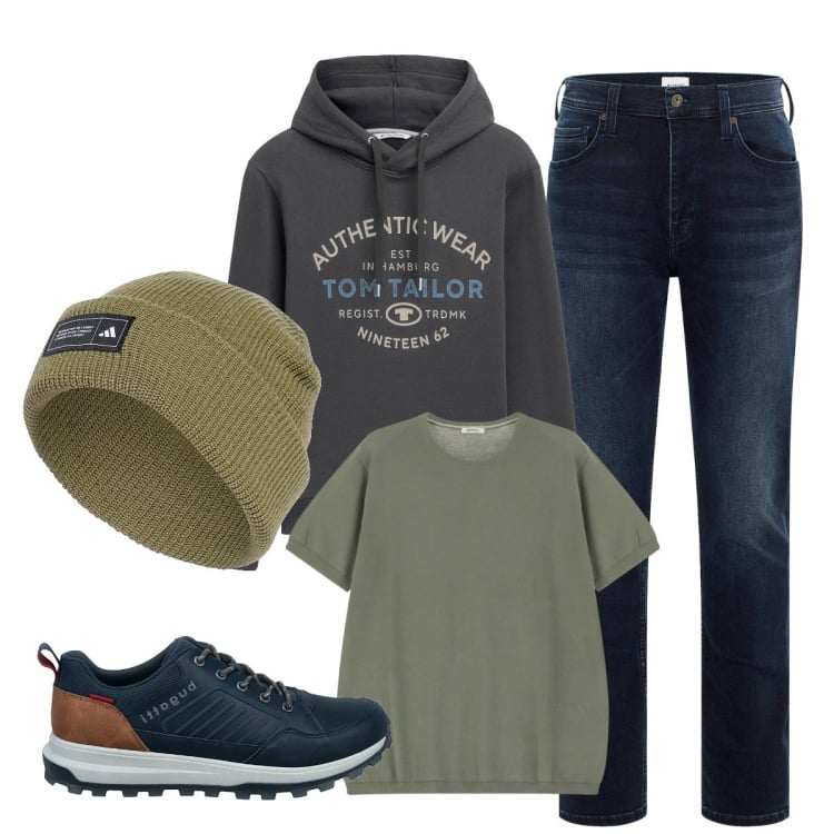 Outfit uomo - Total look #2259096. Stile Casual per Tutti i giorni. Abbinamento con felpe con cappuccio, jeans slim fit, t-shirt, berretti, sneakers.