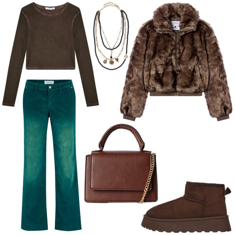 Outfit donna - Verde e marrone. Stile Casual per Scuola/Università. Abbinamento con pantaloni, borse a tracolla, stivaletti, t-shirt, ecopellicce, collane.