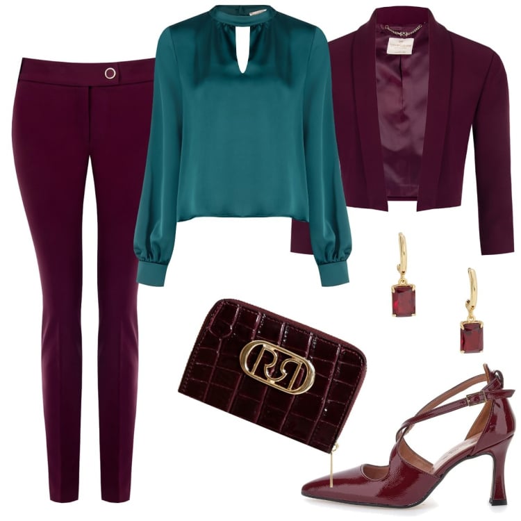 Outfit donna - A cena fuori. Stile Casual chic per Serata fuori. Abbinamento con bluse, blazer, portafogli, pantaloni, orecchini, décolleté.