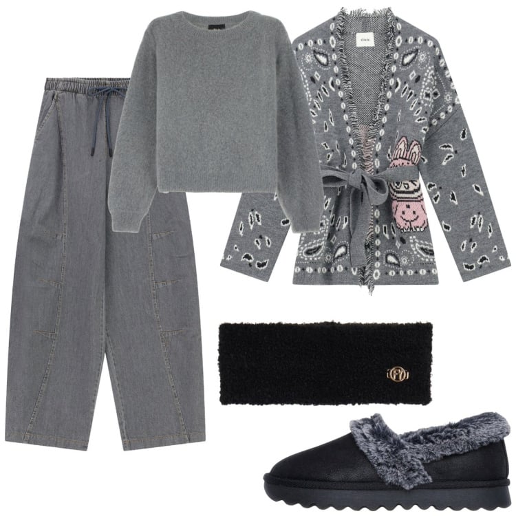 Outfit donna - Oggi non esco. Stile Casual per Tutti i giorni. Abbinamento con fasce per capelli, pantaloni a palazzo, cardigans, pullovers, pantofole.