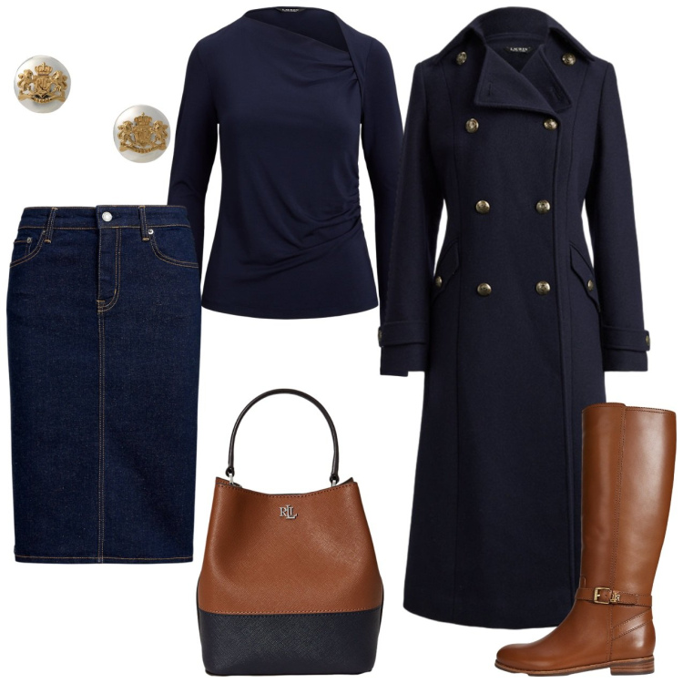 Outfit donna - Gonna denim e stivali marroni. Stile Casual chic per Tutti i giorni. Abbinamento con gonne, orecchini, cappotti, stivali, borse a secchiello, top.