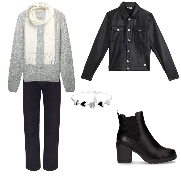 Outfit donna - Comfort zone. per Tutti i giorni. Abbinamento con sciarpe, pullovers, giacche, braccialetti, pantaloni, stivaletti chelsea.