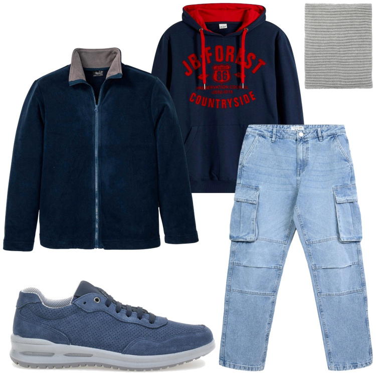 Outfit uomo - Total look #2259104. Stile Casual per Tutti i giorni. Abbinamento con felpe con cappuccio, giacche, jeans, scaldacollo, sneakers.