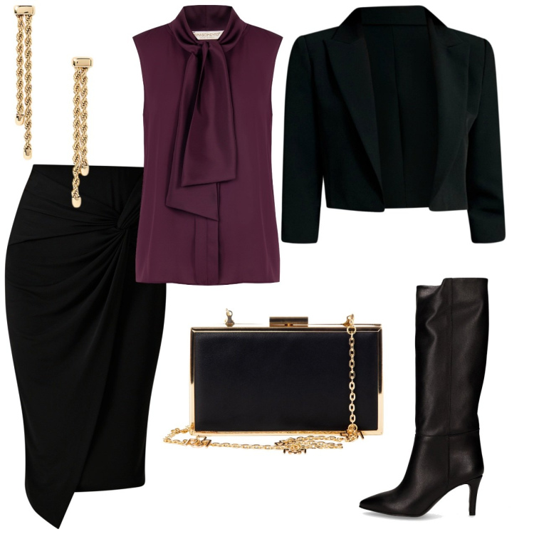 Outfit donna - Serata a due. Stile Casual chic per Serata fuori. Abbinamento con gonne, pochette, top, bolero, orecchini, stivali.
