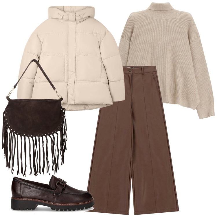 Outfit donna - Maglione morbido beige. Stile Casual per Tutti i giorni. Abbinamento con bomber, pantaloni a palazzo, maglieria, borse a tracolla, mocassini.