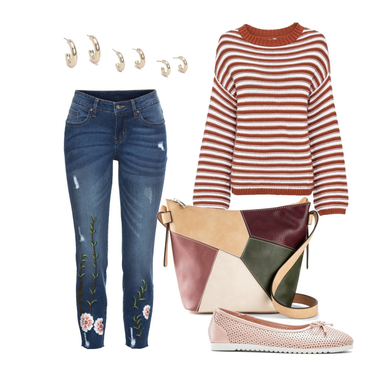Outfit femme - Octobre. Style Casual pour Tous les jours. Assortir avec pulls, jean skinny, ballerines, sacs en bandoulière, boucles d'oreilles.