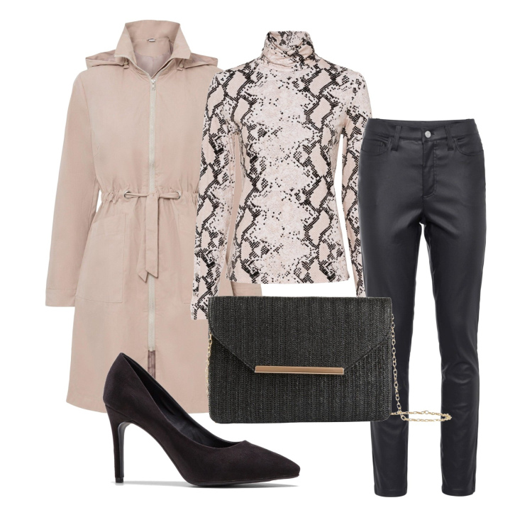 Outfit femme - Octobre. Style Glamour pour Tous les jours. Assortir avec imperméable, t-shirts, pantalon skinny, pochette, chaussures à talon.