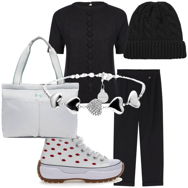Outfit donna - Look da domenica mattina. Stile Casual chic per Tutti i giorni. Abbinamento con berretti, braccialetti, pantaloni, sneakers, maglieria, borse a spalla.