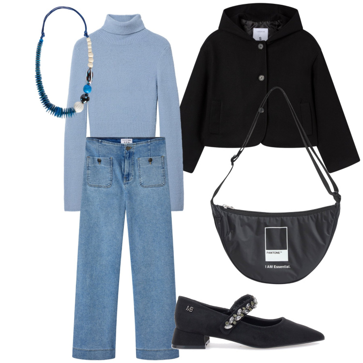Outfit donna - Domenica con pranzo in trattoria. Stile Sporty chic per Tutti i giorni. Abbinamento con maglieria, marsupi, jeans, caban, décolleté, collane.