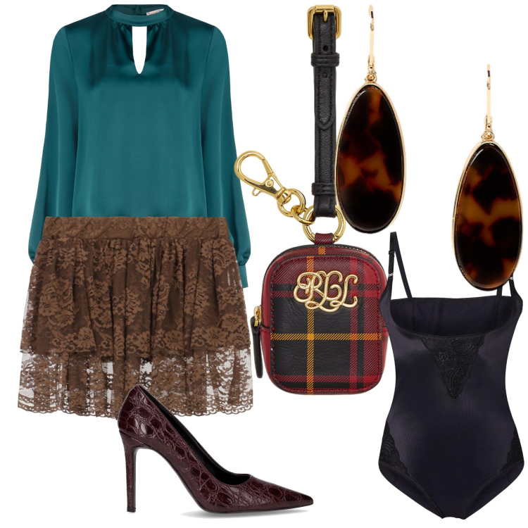 Outfit donna - Invito a cena. Stile Glamour per Serata fuori. Abbinamento con body, bluse, minigonne, orecchini, pochette, décolleté.