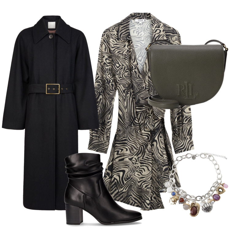 Outfit donna - Look pronto per domani. Stile Urban per Ufficio. Abbinamento con vestiti corti, braccialetti con ciondoli, borse a tracolla, stivaletti, cappotti.