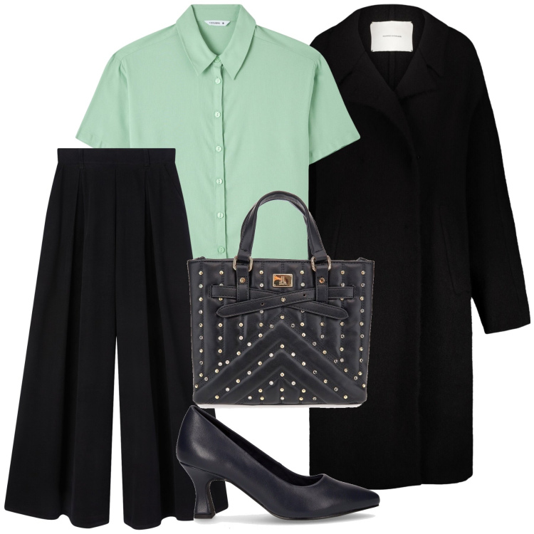 Outfit donna - Un pantalone particolare. Stile Urban per Ufficio. Abbinamento con pantaloni, camicie a manica corta, borse a mano, décolleté, cappotti.