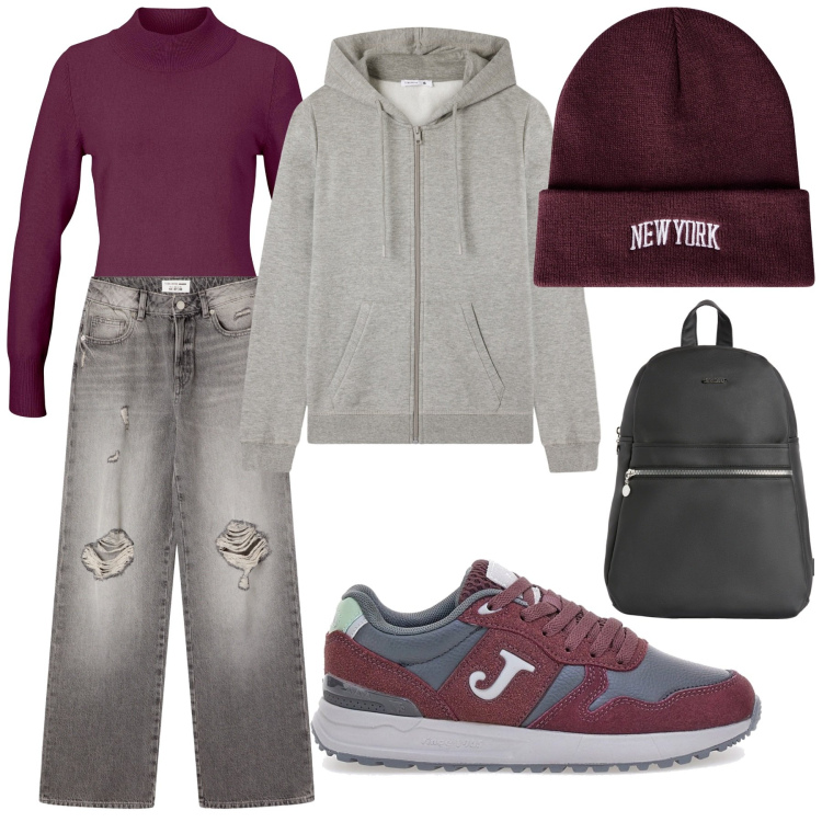 Outfit donna - Stile e Comfort. Stile Casual per Tutti i giorni. Abbinamento con maglieria, jeans strappati, felpe con cappuccio, berretti, zaini, sneakers.