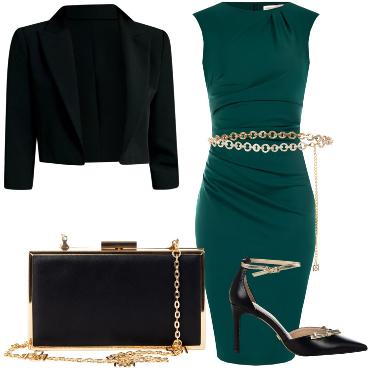 Outfit donna - Cena con stile. Stile Chic per Serata fuori. Abbinamento con vestiti a tubino, cinture, décolleté, pochette, bolero.