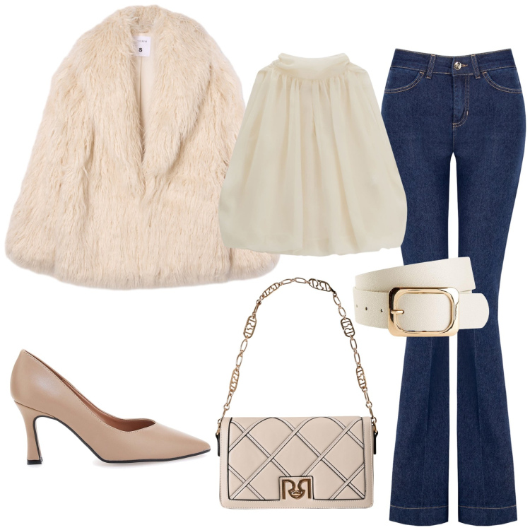 Outfit donna - Eco pelliccia e jeans. Stile Glamour per Tutti i giorni. Abbinamento con cinture, ecopellicce, borse a tracolla, jeans a zampa, bluse, décolleté.