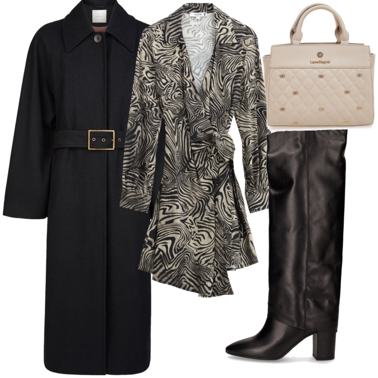 Outfit donna - Stivale e cappotto lungo. Stile Glamour per Tutti i giorni. Abbinamento con vestiti corti, stivali, cappotti, borse a mano.