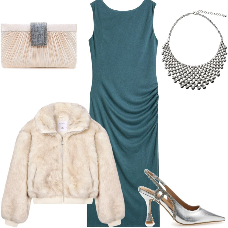 Outfit donna - Con l\' Abito lungo. Stile Glamour per Cerimonia. Abbinamento con vestiti asimmetrici, ecopellicce, collane, décolleté, pochette.