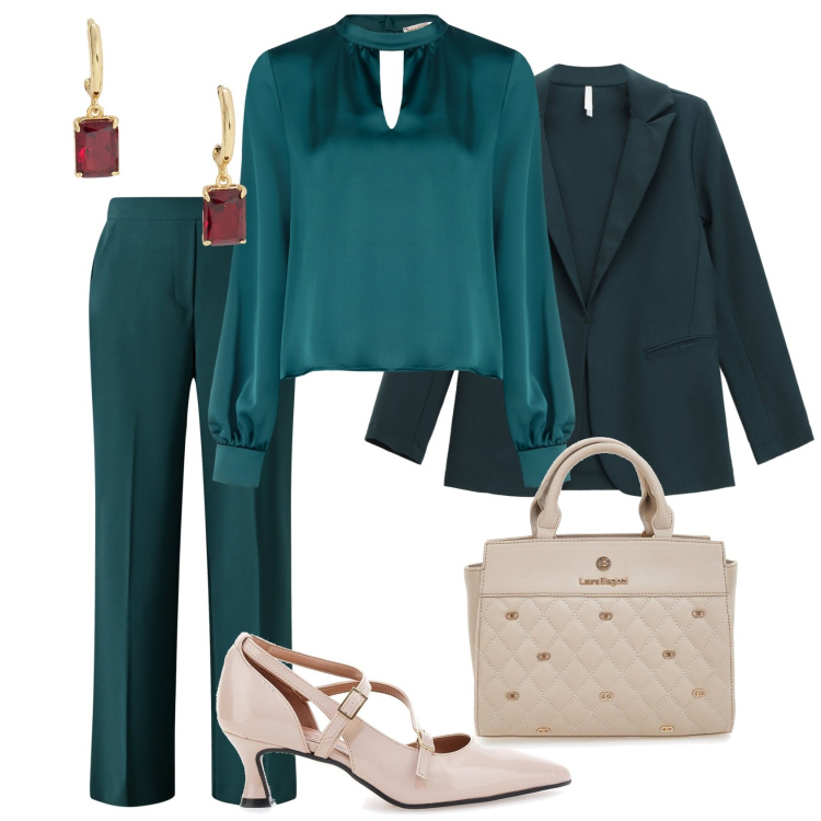 Outfit donna - Ottanio per un evento. Stile Bon Ton per Cerimonia. Abbinamento con pantaloni, bluse, blazer, orecchini, décolleté, borse a mano.