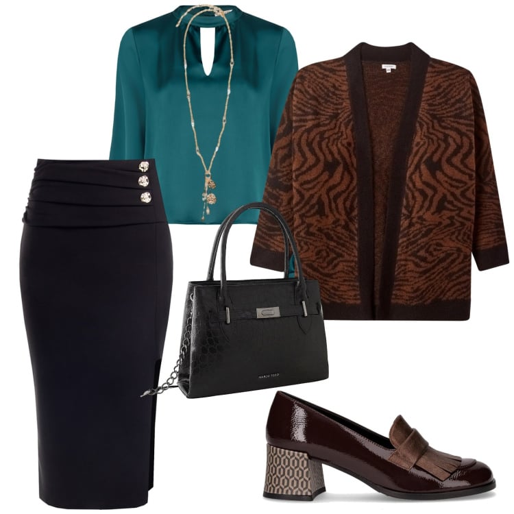 Outfit donna - Il pranzo della domenica. per Tutti i giorni. Abbinamento con borse a mano, cardigans, bluse, gonne, ciondoli, mocassini.