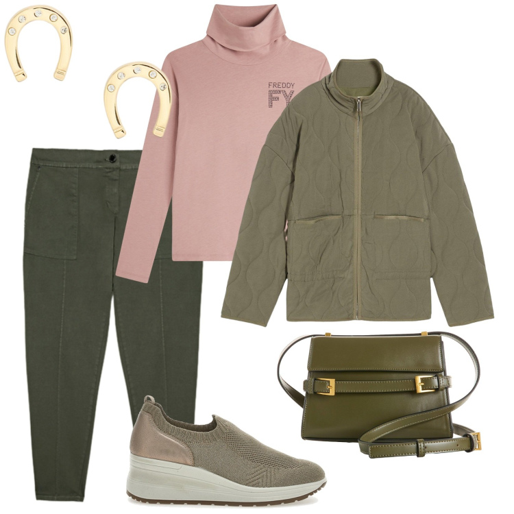 Outfit donna - Domenica mattina. per Tutti i giorni. Abbinamento con giacche, borse a tracolla, t-shirt, orecchini, scarpe stringate, pantaloni cargo.