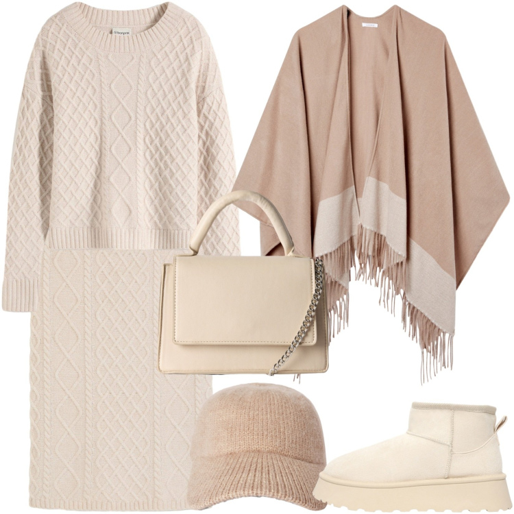 Outfit donna - Bellissimo coordinato gonna e maglione. Stile Casual per Tutti i giorni. Abbinamento con maglieria, gonne, borse a tracolla, cappe, cappelli con visiera, stivaletti.