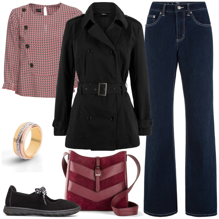 Outfit femme - Stacy. Style Casual chic pour Tous les jours. Assortir avec imperméable, ballerines, jeans, tuniques, sacs en bandoulière, bagues.