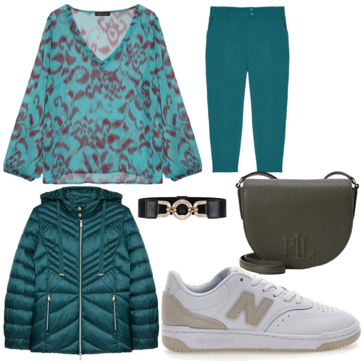 Outfit donna - L eleganza dell ottanio. Stile 70s per Tutti i giorni. Abbinamento con cinture, borse a tracolla, piumini, pantaloni, sneakers, bluse.