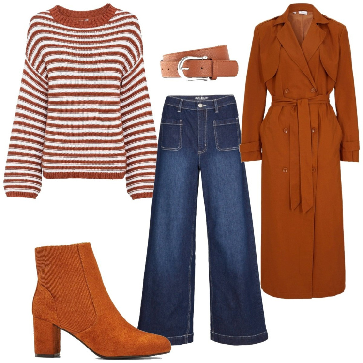 Outfit femme - Noisette tendance. Style Tendance pour Tous les jours. Assortir avec jeans, bottines, pulls, ceintures, imperméable.