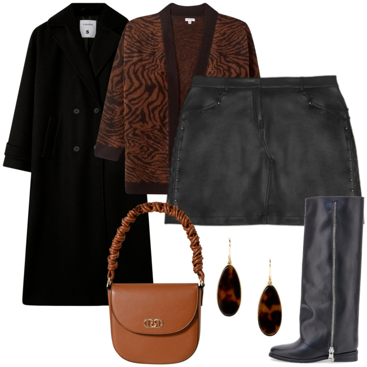 Outfit donna - Mini strong. Stile Glamour per Serata fuori. Abbinamento con cappotti, cardigans, borse a mano, orecchini, stivali, minigonne.