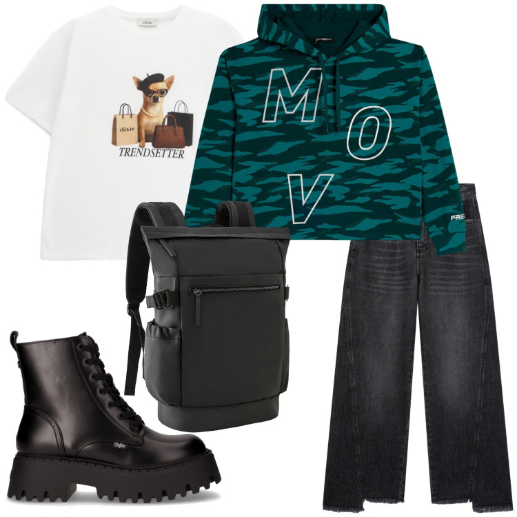 Outfit donna - Ispirazione anfibio. Stile Casual per Tutti i giorni. Abbinamento con zaini, jeans, felpe con cappuccio, t-shirt, anfibi.
