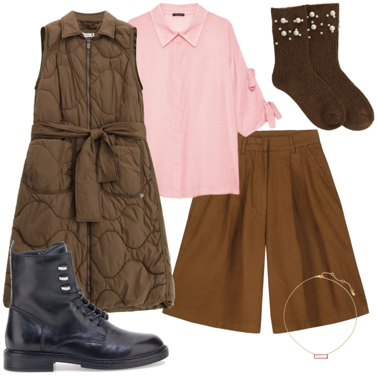 Outfit donna - Bermuda in autunno. Stile Casual chic per Ufficio. Abbinamento con blazer, calzini, collane, camicie, bermuda, anfibi.