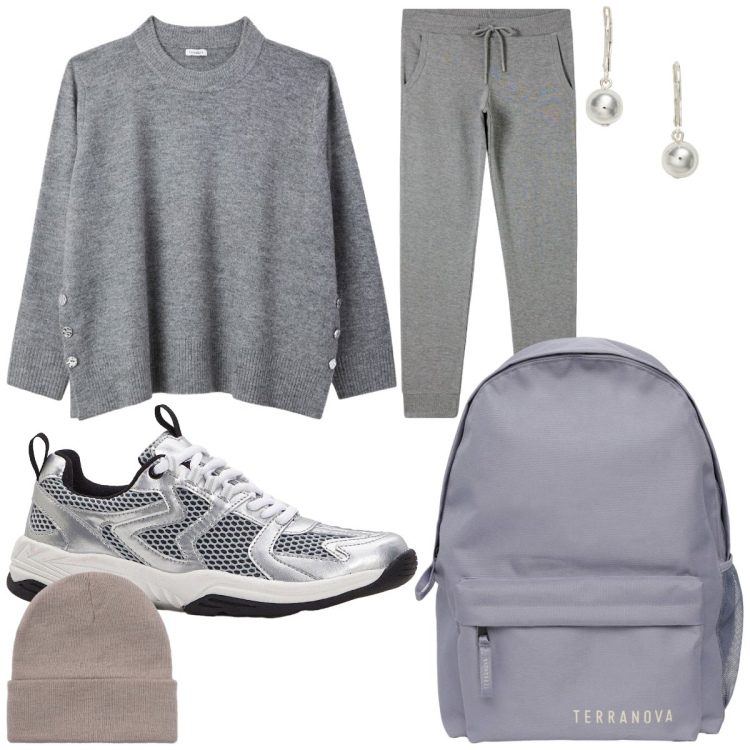 Outfit donna - Il maglione. Stile Casual per Ufficio. Abbinamento con sneakers, maglieria, zaini, berretti, pantaloni, orecchini.