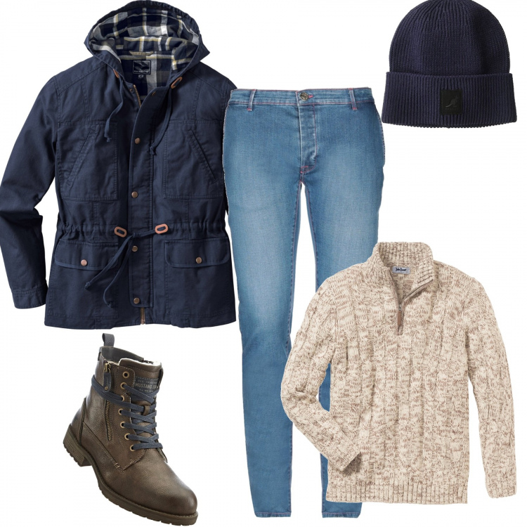 Outfit uomo - Parka invernale. Stile Urban per Tutti i giorni. Abbinamento con maglieria.