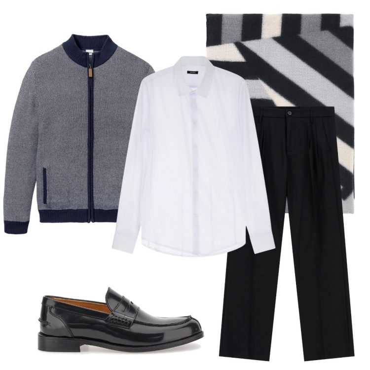 Outfit uomo - Total look #2259200. Stile Business/Elegante per Serata speciale. Abbinamento con cardigans, camicie, pantaloni, sciarpe, scarpe stringate.