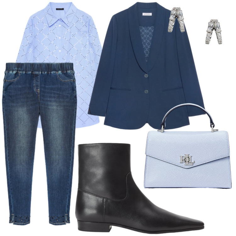 Outfit donna - Nei toni del cielo. Stile Chic per Ufficio. Abbinamento con orecchini, borse a mano, stivaletti, jeggings, blazer, camicie.