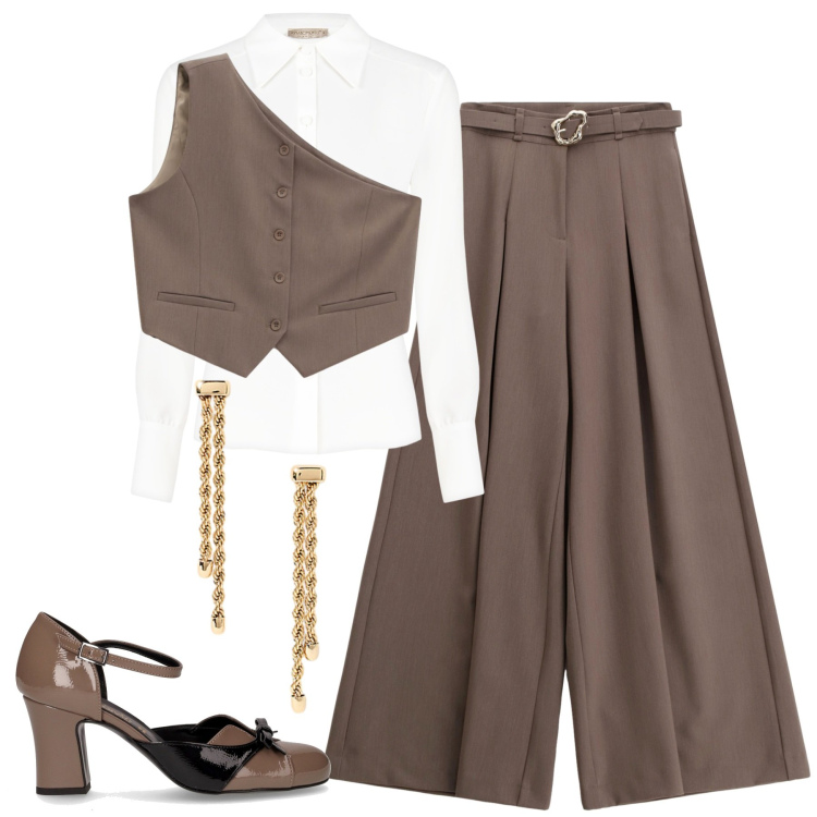 Outfit donna - Ottobre. Stile Trendy per Tutti i giorni. Abbinamento con camicie, pantaloni, gilet, orecchini, décolleté.