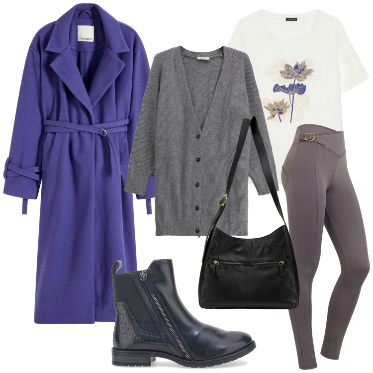 Outfit donna - Total look #2259207. Stile Urban per Tutti i giorni. Abbinamento con borse a mano, cappotti, pantaloni skinny, cardigans, stivaletti chelsea, t-shirt.