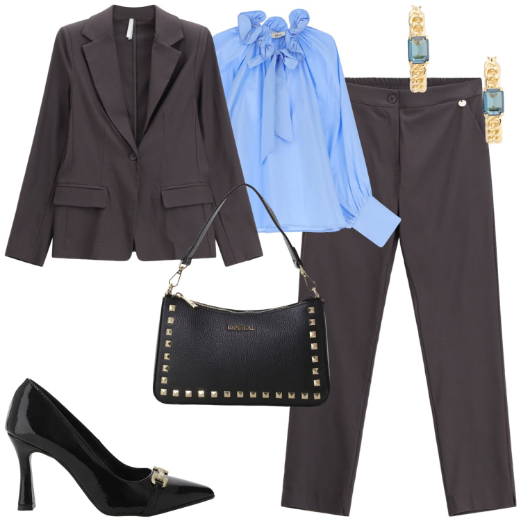 Outfit donna - In ufficio. Stile Chic per Ufficio. Abbinamento con pantaloni, blazer, pochette, décolleté, camicie, orecchini.
