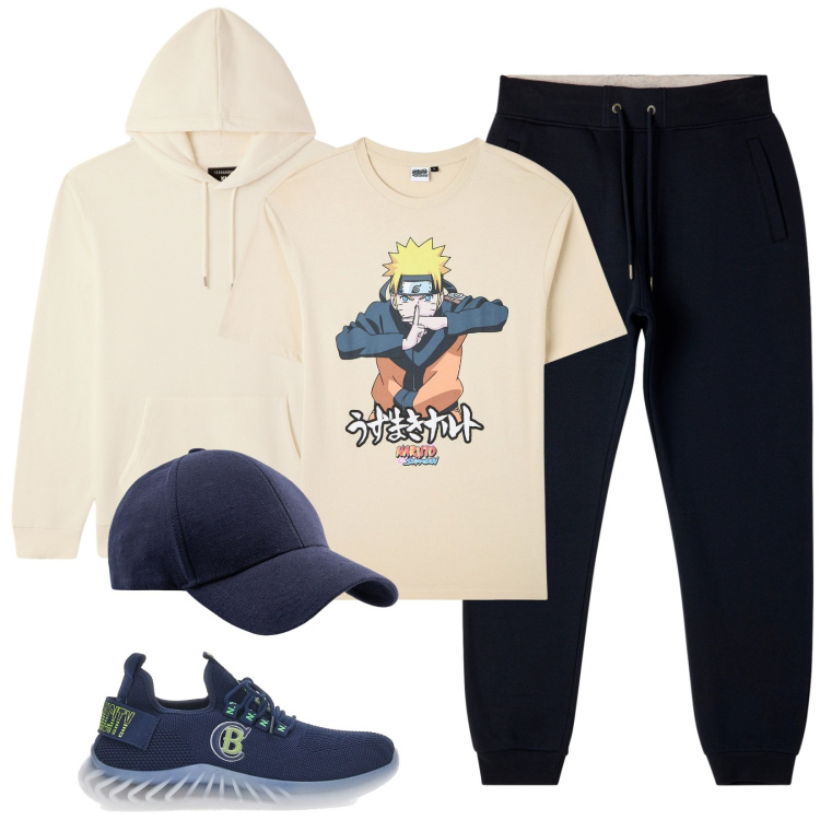 Outfit uomo - Giorno libero. Stile Urban per Tutti i giorni. Abbinamento con felpe con cappuccio, pantaloni, t-shirt, sneakers, cappelli con visiera.