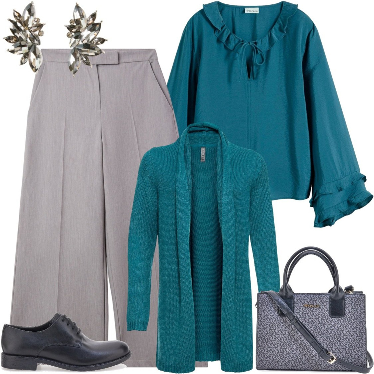 Outfit donna - Blusa con le rouches. Stile Trendy per Tutti i giorni. Abbinamento con bluse, cardigans, orecchini, pantaloni a palazzo, scarpe stringate, borse a tracolla.