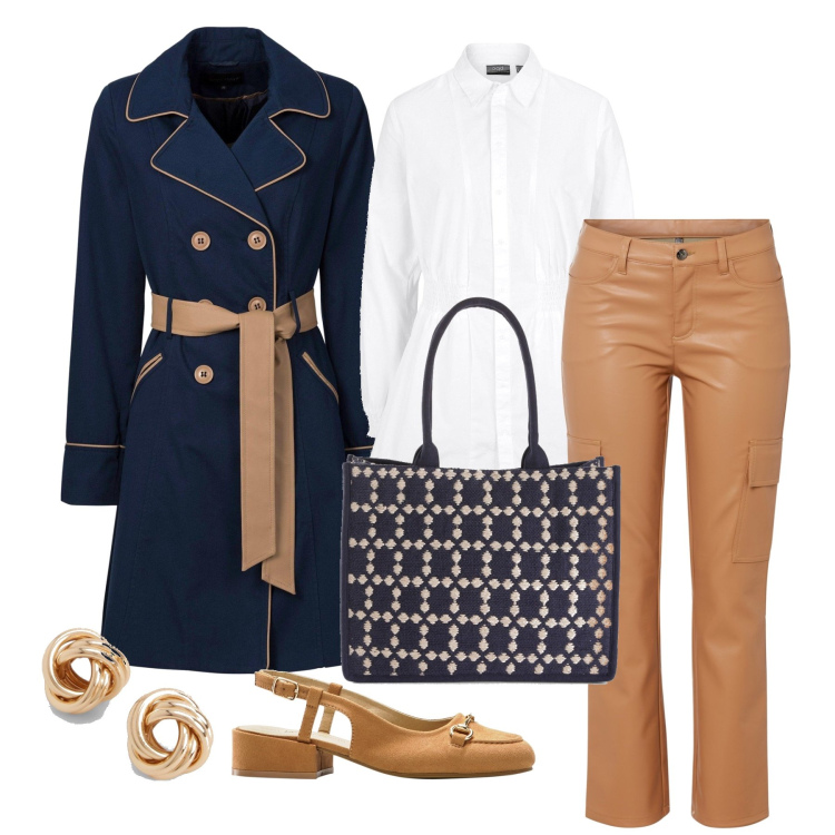 Outfit femme - Octobre. Style Chic pour Tous les jours. Assortir avec pantalon cargo, imperméable, chemisiers, sacs à main, chaussures à talon, boucles d'oreilles.