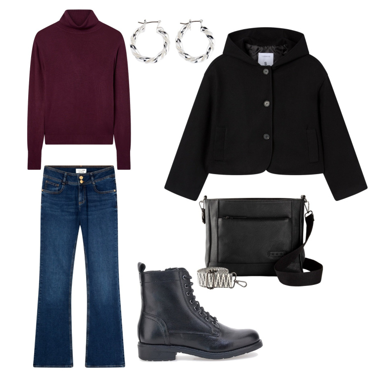 Outfit donna - Total look #2259215. Stile Casual per Tutti i giorni. Abbinamento con orecchini, borse a tracolla, jeans a zampa, maglieria, caban, anfibi.