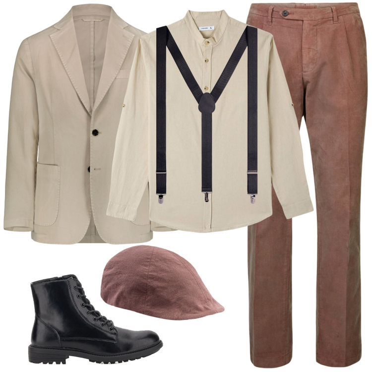 Outfit uomo - Hipster. Stile Urban per Tutti i giorni. Abbinamento con camicie, giacche, pantaloni, bretelle, cappelli con visiera, anfibi.