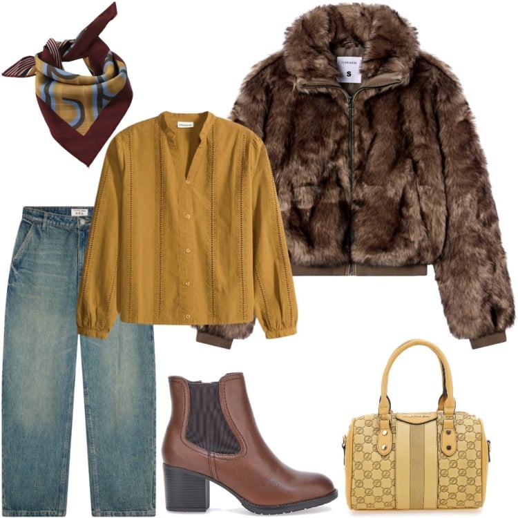 Outfit donna - Ecopellicia. Stile Chic per Tutti i giorni. Abbinamento con bluse, ecopellicce, jeans, foulard, stivaletti chelsea, borse a spalla.