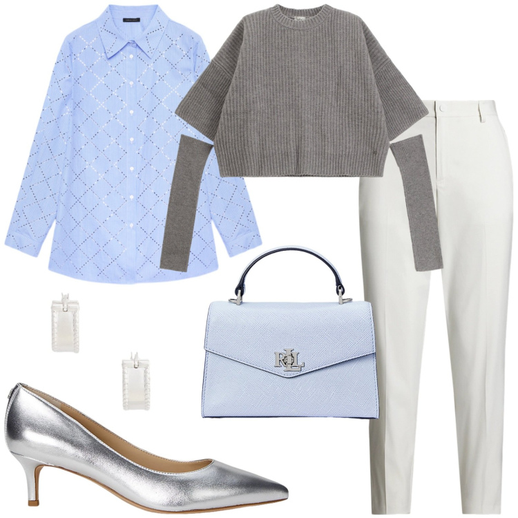 Outfit donna - Camicia e paillettes. Stile Glamour per Tutti i giorni. Abbinamento con maglieria, pantaloni, borse a mano, décolleté, orecchini, camicie.