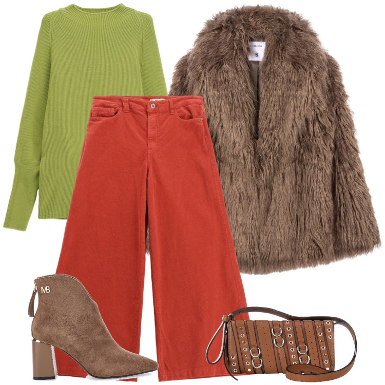 Outfit donna - Total look #2259225. Stile Casual per Tutti i giorni. Abbinamento con ecopellicce, pantaloni, borse a spalla, maglieria, stivaletti.
