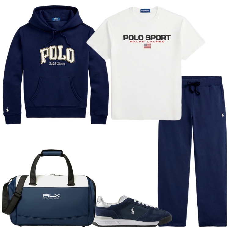 Outfit uomo - Tuesday. Stile Casual per Sport. Abbinamento con pantaloni, sneakers, borse sportive, felpe con cappuccio, t-shirt.