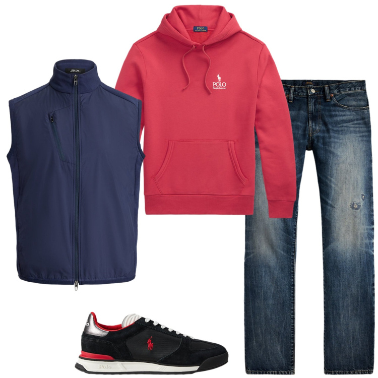 Outfit uomo - Thursday. Stile Casual per Tutti i giorni. Abbinamento con sneakers, gilet, jeans dritti, felpe con cappuccio.