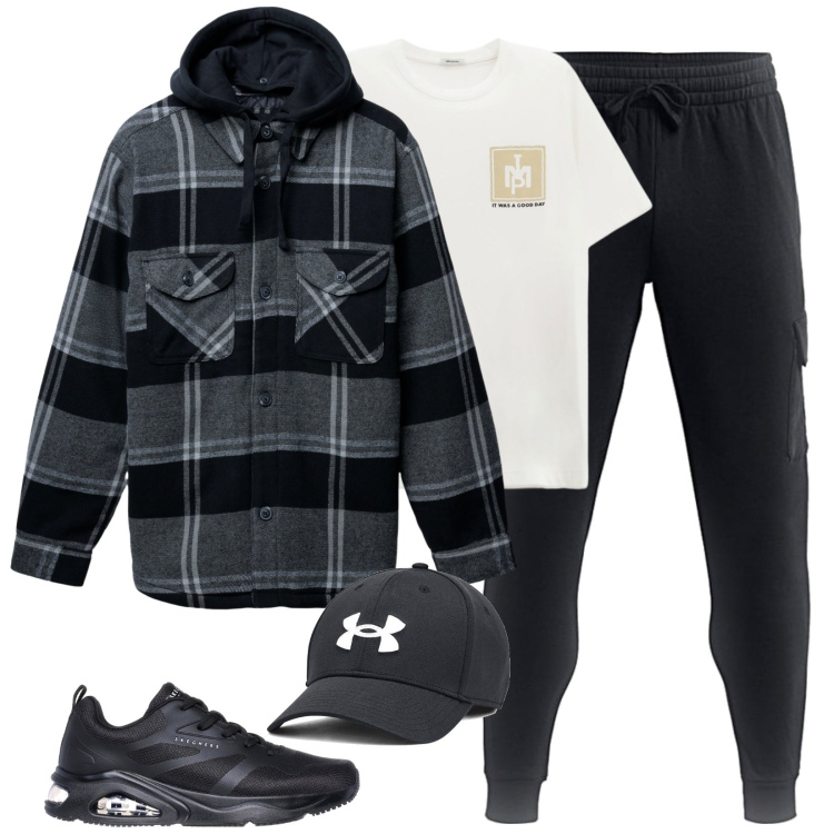 Outfit uomo - Urban in black. Stile Urban per Tutti i giorni. Abbinamento con giacche, t-shirt, cappelli, pantaloni, sneakers.