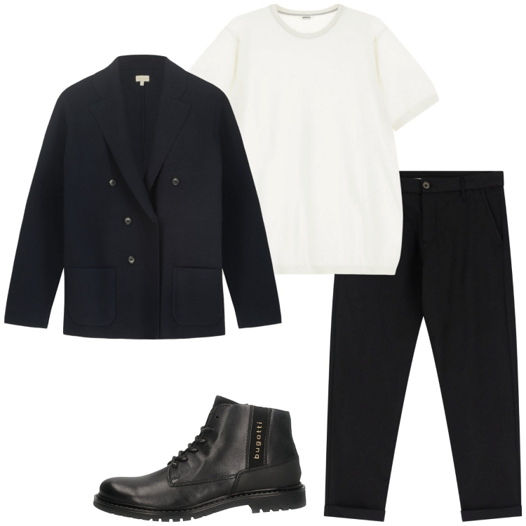 Outfit uomo - Saturday. Stile Trendy per Serata speciale. Abbinamento con t-shirt, pantaloni chino, giacche, stivali e stivaletti.